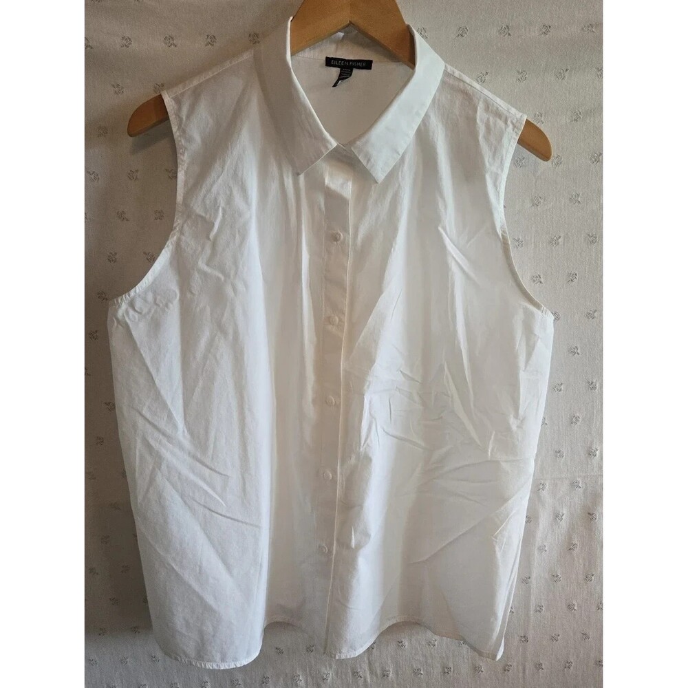 Eileen Fisher White Sleeveless Button-Down Collared Shirt 100% Organic Cotton XL